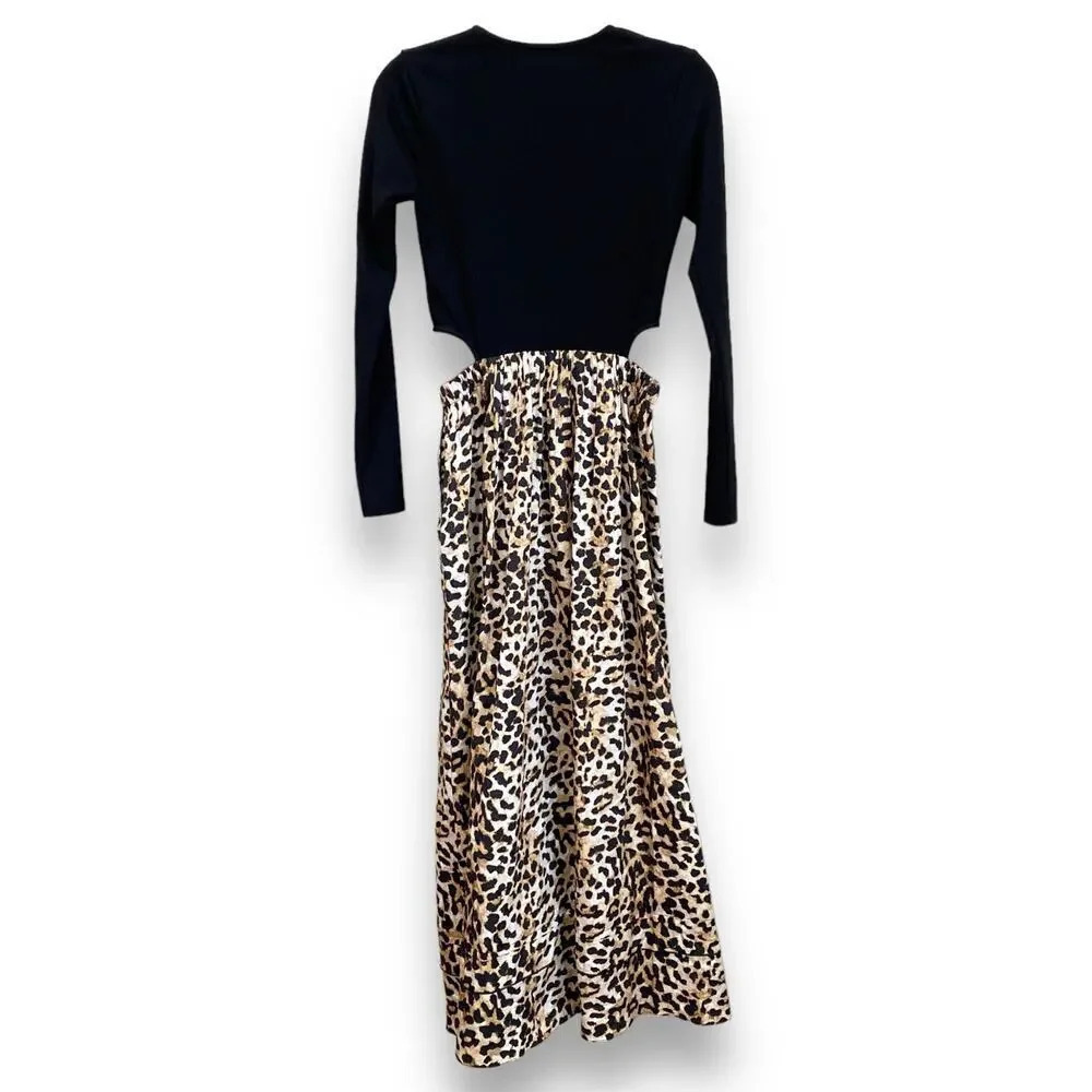 SOMETHING NAVY Tara Long Sleeve Cut Out Leopard Print Maxi Dress Black/Brown S - Picture 3 of 8